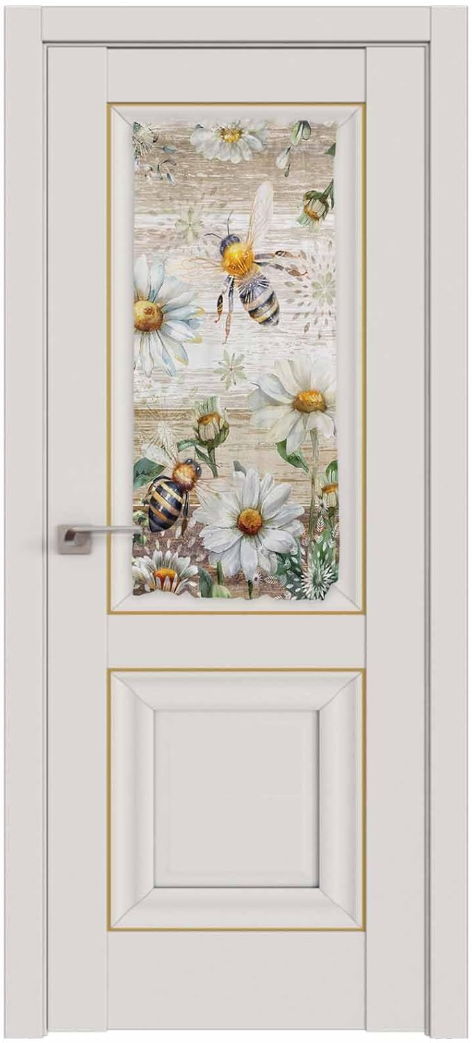 French Door Curtain Panel for Front Door, Retro Country Style Wood Grain Flower Plant Daisy Bee Slidelight Door Curtains with Tieback Light Filtering Privacy Panels for Doorway Entryway 25"x 40"