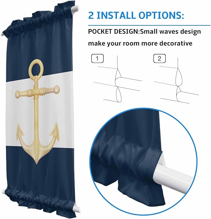 French Door Curtain Panel for Front Door, Gold Anchor Navy Blue White Navigation Slidelight Door Curtains with Tieback Light Filtering Privacy Panels for Doorway Entryway 25"x 40"