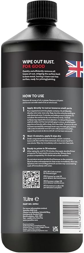JENOLITE Gel Rust Remover for Metal 1.3 fl oz (40 g). Non‑Drip Naval Jelly for Automotive and Vertical Metal Surfaces. Fast‑Acting Concentrated Gel Dissolves Rust to Bare Metal. Made in Britain