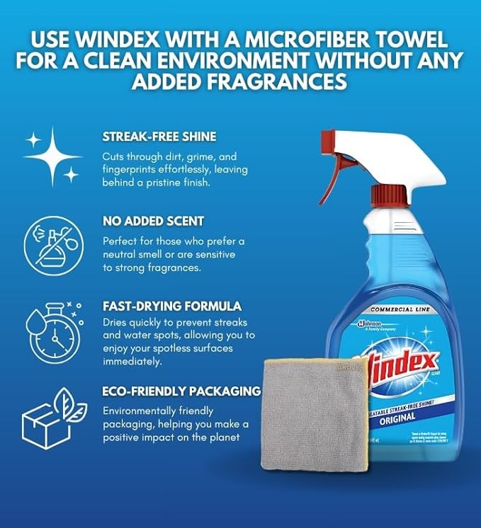 Commercial Line Glass and Surface Cleaner Spray 32 oz Bundle with Microfiber Cloth - Streak-Free Shine for Glass, Mirrors, and More - Window Cleaner with Ammonia-D Formula - (2 Items)