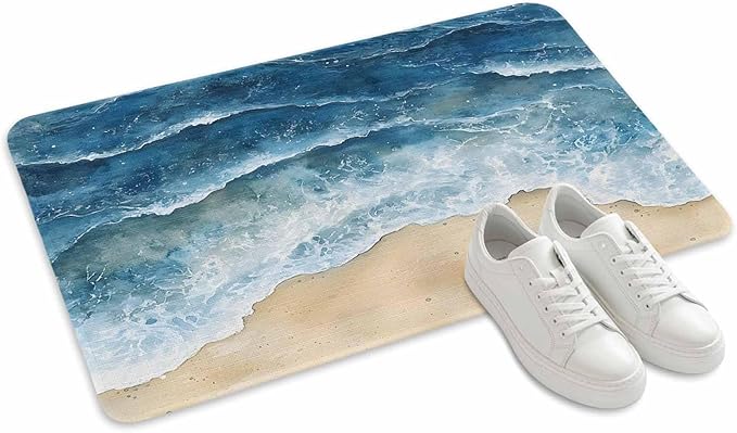 Abstract Waves Doormat Blue Ocean Spray Beach Watercolor Non Slip Low Profile Rubber Door Mat Washable Absorbent Indoor Front Door Mat Entryway Rug Entrance Carpet 24x36 Inch