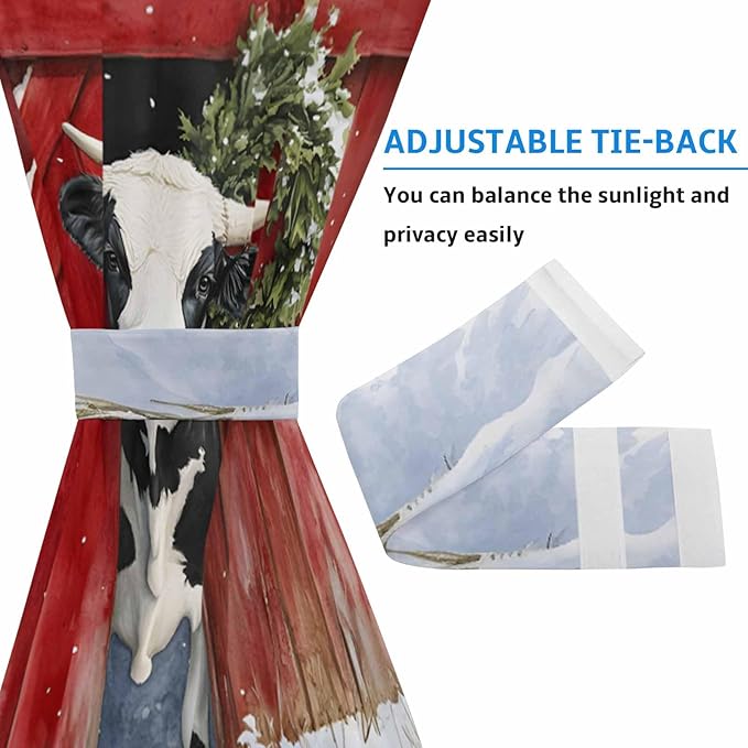 Christmas French Door Curtain Panel for Front Door, Milk Cow Green Christmas Wreath Red Farmhouse Slidelight Door Curtains with Tieback Light Filtering Privacy Panels for Doorway Entryway 25"x 40"