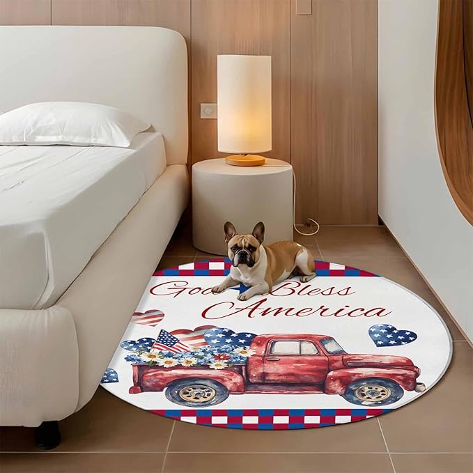 Red Truck USA Flag Stars Round Rug 6 Ft, God Bless America Circle Area Rugs Washable Non Slip Indoor Floor Mats Carpet for Living Room Bedroom Dining Room Home Decor