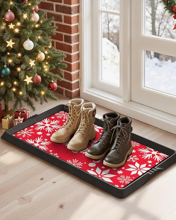 SUPENUIN Christmas Boot Tray Mat - Heavy Duty Snow & Water Catch Tray, Waterproof Rubber Shoe Mat with Lip for Entryway, Indoor & Outdoor Holiday Decor Storage (16"x27.5")