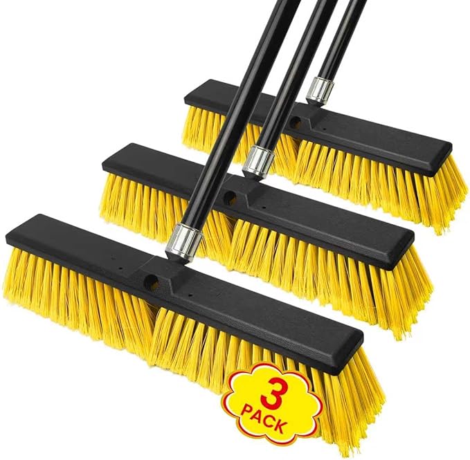 24 Inches Push Broom Outdoor，Commercial Broom Brush，Stiff Bristle Brush with 61.8 inches Long Handle for Patio Garage Deck Street Shop Warehouse Lawn Driveway -3 Pack