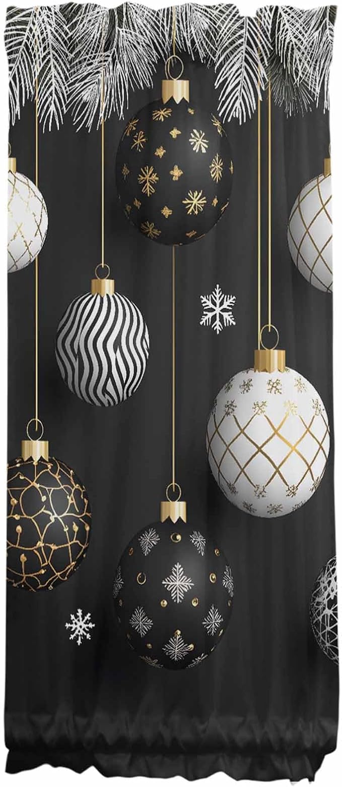 Christmas French Door Curtain Panel for Front Door, Black White Christmas Ornaments Pine Needle Slidelight Door Curtains with Tieback Light Filtering Privacy Panels for Doorway Entryway 25"x 40"