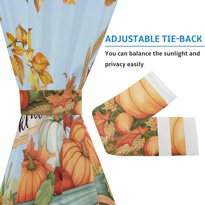 French Door Curtain Panel for Front Door, Countryside Pumpkins Fall Leaves Harvest Slidelight Door Curtains with Tieback Light Filtering Privacy Panels for Doorway Entryway 25"x 40"