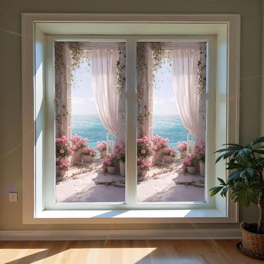 Window Privacy Film 17x39 Inch Coastal Balcony with Flowers and Ocean View Decorative Window Privacy Film Peel and Stick Static Cling for Glass Door and Home Windows