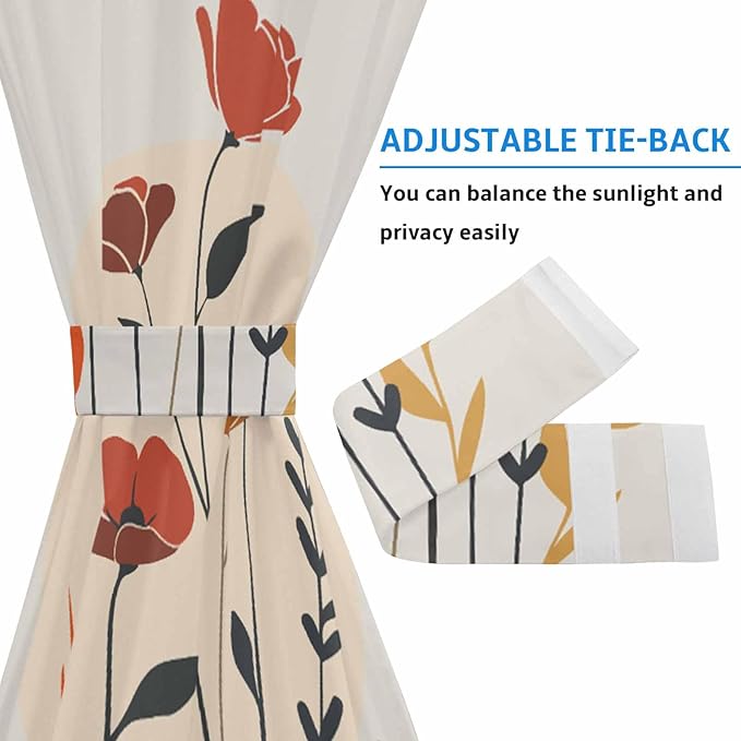 French Door Curtain Panel for Front Door, Orange Floral Flower Slidelight Door Curtains with Tieback Light Filtering Privacy Panels for Doorway Entryway 25"x 40"