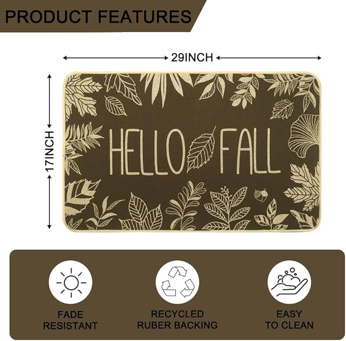 Hello Fall Door Welcome Mat,Autumn Thanksgiving Orange Outdoor Rug Leaves Decor Floor Non-Slip Entrance Mat for Home Kitchen Bathroom 17x29 Inch(Orange1)