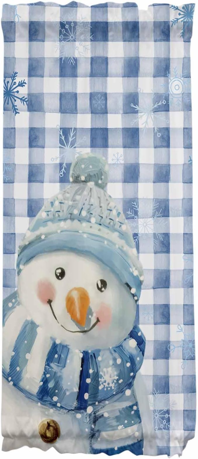 Christmas French Door Curtain Panel for Front Door, Winter Smile Snowman Snowflake Classical Blue Plaid Slidelight Door Curtains with Tieback Light Filtering Privacy Panels for Entryway 25"x 40"