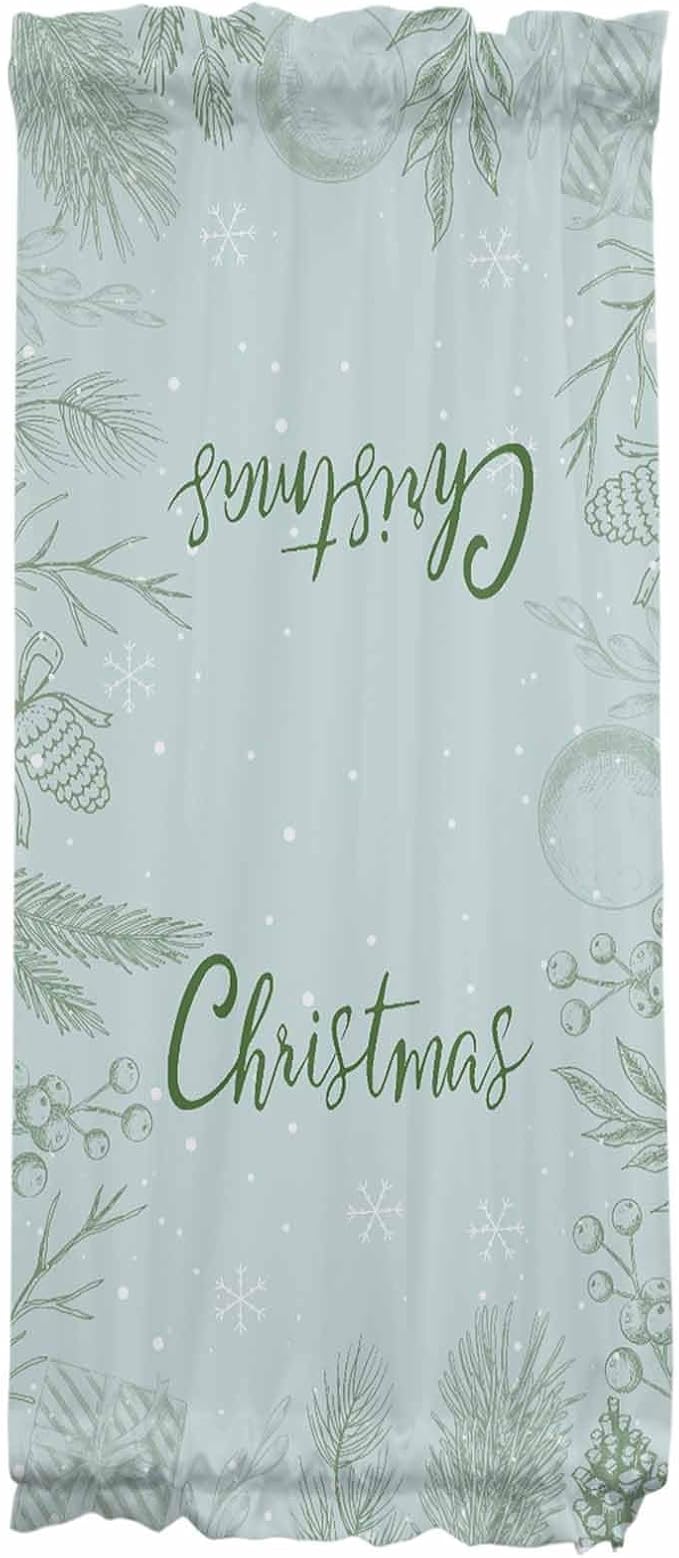 Christmas French Door Curtain Panel for Front Door, Pale Green Botanical Leaves Berries Christmas Slidelight Door Curtains with Tieback Light Filtering Privacy Panels for Doorway Entryway 25"x 40"