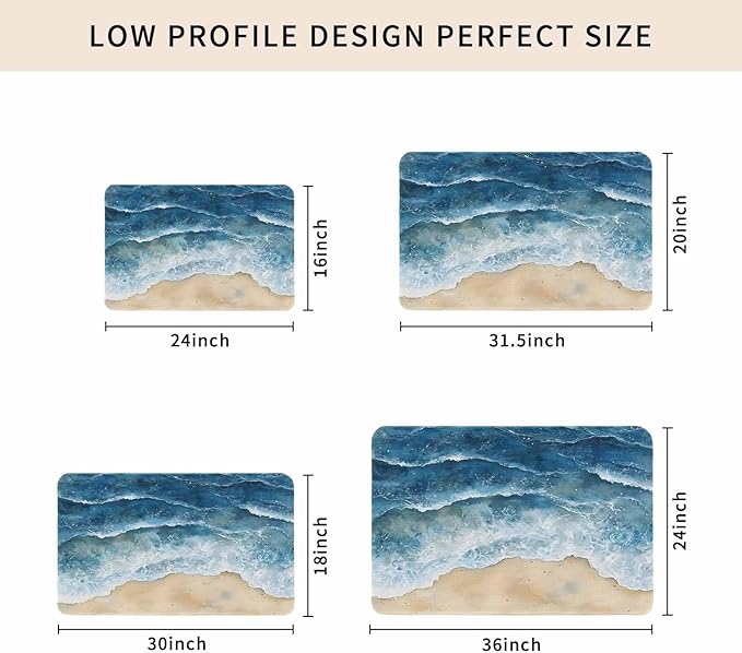 Abstract Waves Doormat Blue Ocean Spray Beach Watercolor Non Slip Low Profile Rubber Door Mat Washable Absorbent Indoor Front Door Mat Entryway Rug Entrance Carpet 16x24 Inch