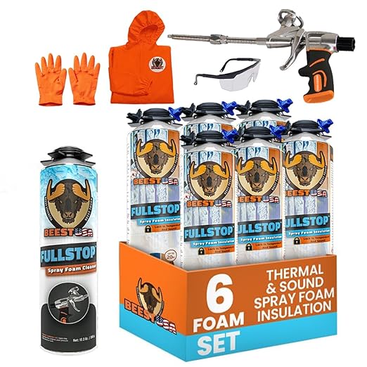 BEEST FullStop Spray Foam Insulation Kit for Walls and Attic - 120 Board ft/sq.ft. Perfect Heat & Acoustic Insulation for Reduced Energy Bills - 6X Spray Foam Can, Cleaner, Pro X Gun & Safety Gear
