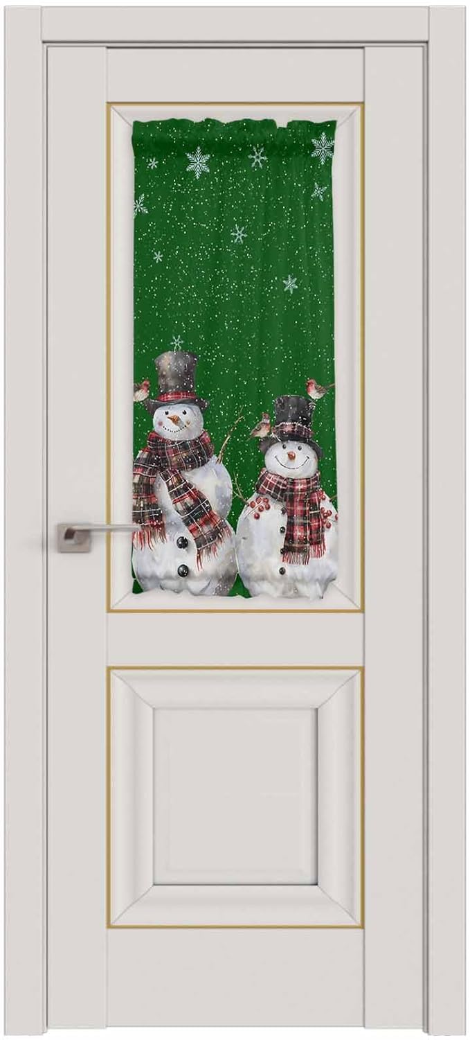 Christmas French Door Curtain Panel for Front Door, Xmas Top Hat Snowmen Cardinals Snowflake Dark Green Slidelight Door Curtains with Tieback Light Filtering Privacy Panels for Entryway 25"x 40"