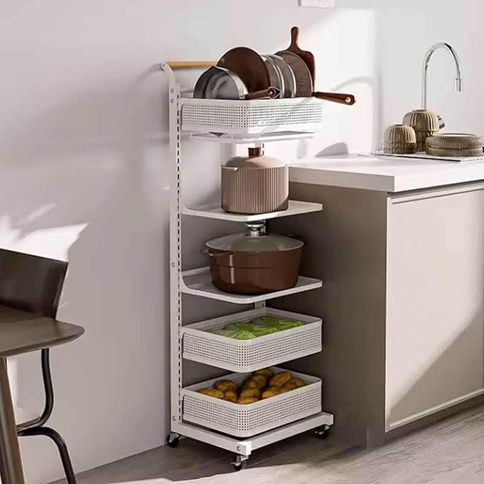 Under Cabinet Pan nizer Shelf Kitchen Counter Storage Rack with 3 Shelves and 1 Basket White
