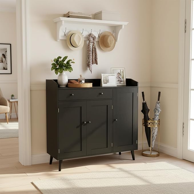 DIYART Black Large Shoe Cabinet fit up to Shoe Size 16, Shoe Storage Cabinet with 3 Doors and 1 Drawer, Wooden Shoe Organizer for entryway