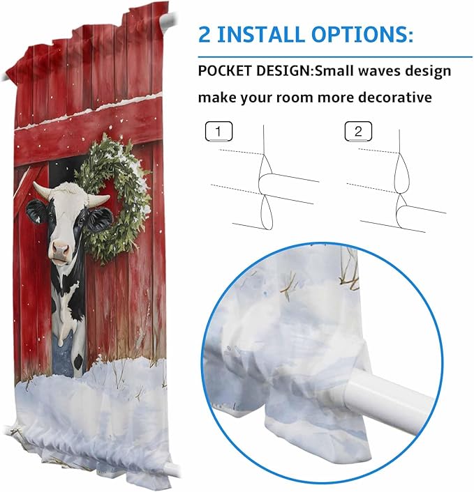 Christmas French Door Curtain Panel for Front Door, Milk Cow Green Christmas Wreath Red Farmhouse Slidelight Door Curtains with Tieback Light Filtering Privacy Panels for Doorway Entryway 25"x 40"