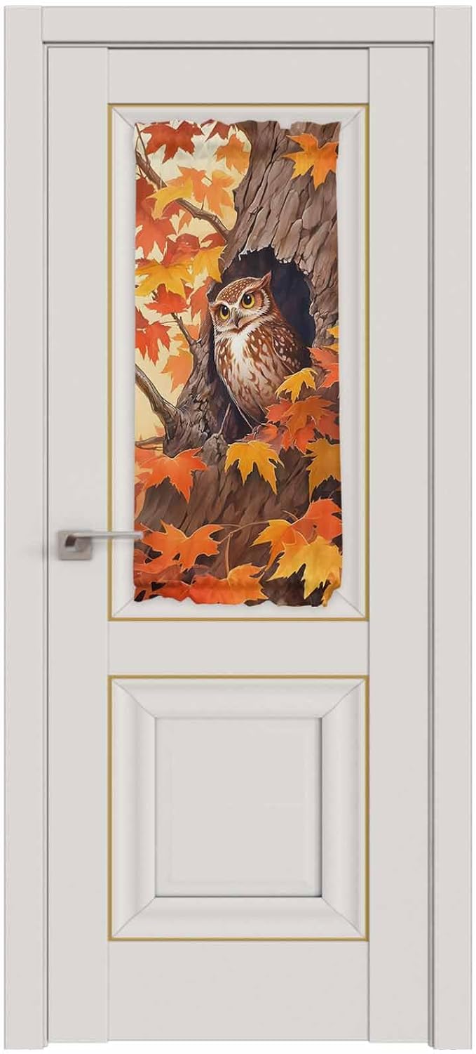 French Door Curtain Panel for Front Door, Cartoon Owl Maple Tree Hole Fall Slidelight Door Curtains with Tieback Light Filtering Privacy Panels for Doorway Entryway 25"x 40"