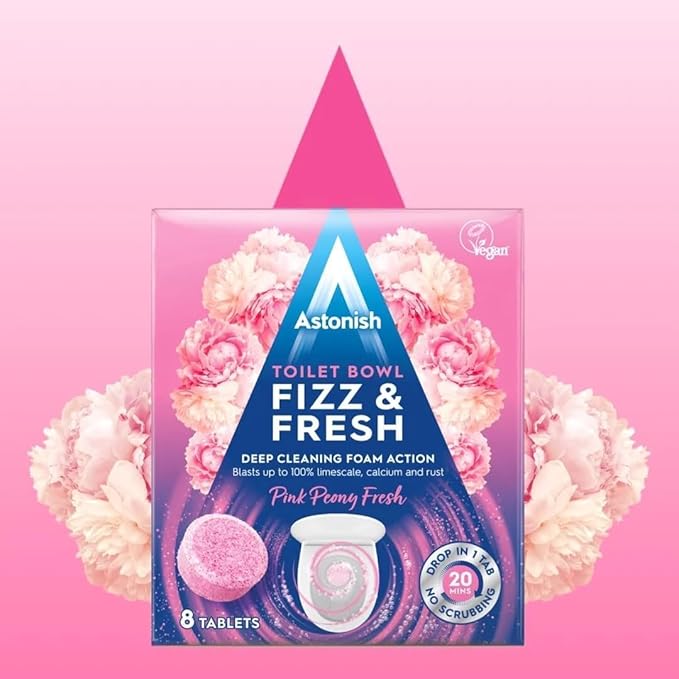 4 Pack Of Astonish Toilet Bowl Fizz & fresh Deep Cleaning Foam Action (Pink Peony Fresh) 32 Tablets In Total