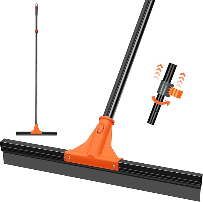 JEHONN Floor Squeegee Heavy Duty with 58.3 inches Long Handle, Rubber Scraper Broom for Cleaning Foam Water on Garage Concrete Bathroom Tile Marble Shower Glass Shop Deck Window Indoor Outdoor