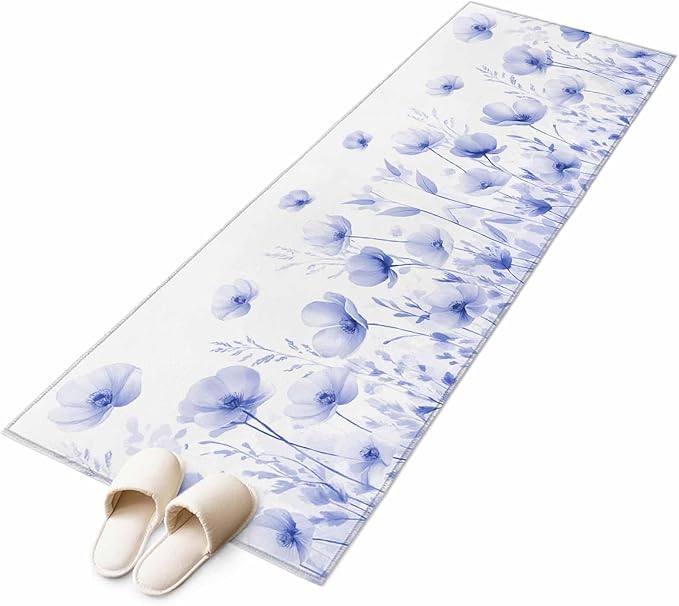 Flower Runner Rug 2'x6', Blue Hallway Runner Rugs Washable Non-Slip Bedside Floor Mats Carpet for Kitchen Bedroom Laundry Room Bathroom