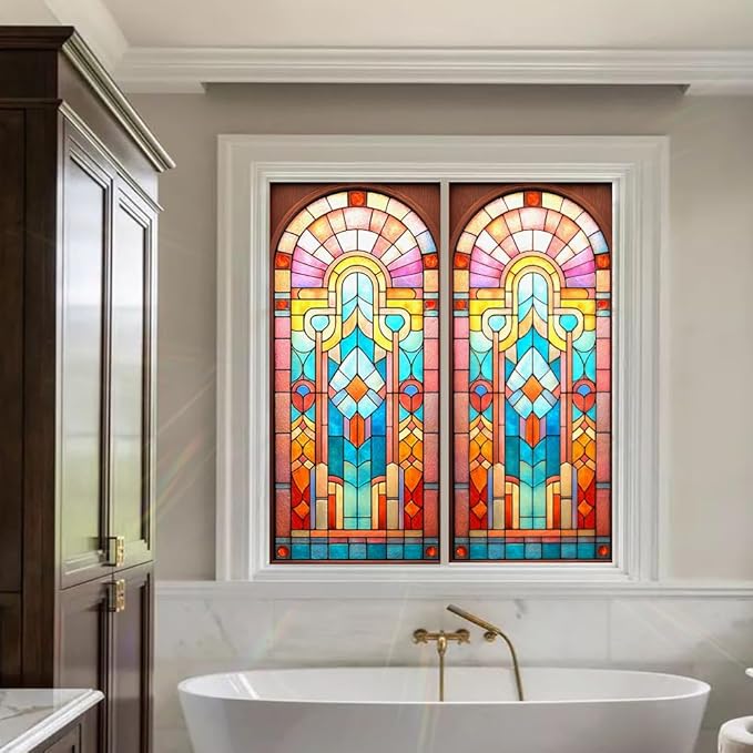 Stained Glass Window Film 17.3 x 39.4 Inch Decorative Privacy Window Sticker Colorful Geometric Static Cling Window Cover for Bathroom Bedroom Office Home Glass Decor