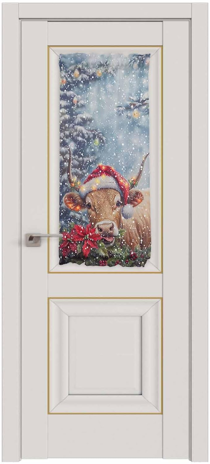 Christmas French Door Curtain Panel for Front Door, Christmas Winter Snow Santa Hat Cow Poinsettia Slidelight Door Curtains with Tieback Light Filtering Privacy Panels for Doorway Entryway 25"x 40"
