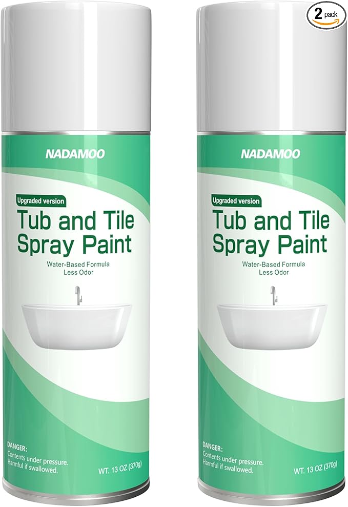 NADAMOO Water-Based Tub and Tile Spray Paint, Less Irritating Odor Aerosol Refinishing Paint for Bathroom Porcelain Bathtub Sink, 2 Cans, Semi-Gloss White