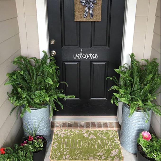 Hello Spring Door Mat Welcome Doormat, Plants Outdoor Rug Leaves Decor Floor Front Door Mat Non-Slip Entrance Mat for Home Kitchen Bathroom Decorations 17 X 29 Inch (Green)