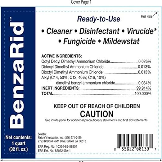 BenzaRid Hospital Disinfectant Virucide Spray Kills 99.99% of MRSA, COVID-19, H5N1, Staph, Avian Flu, Bacteria & Mold | EPA Reg. for Medical, Dental, Veterinary, Farm & Home Use 32 oz