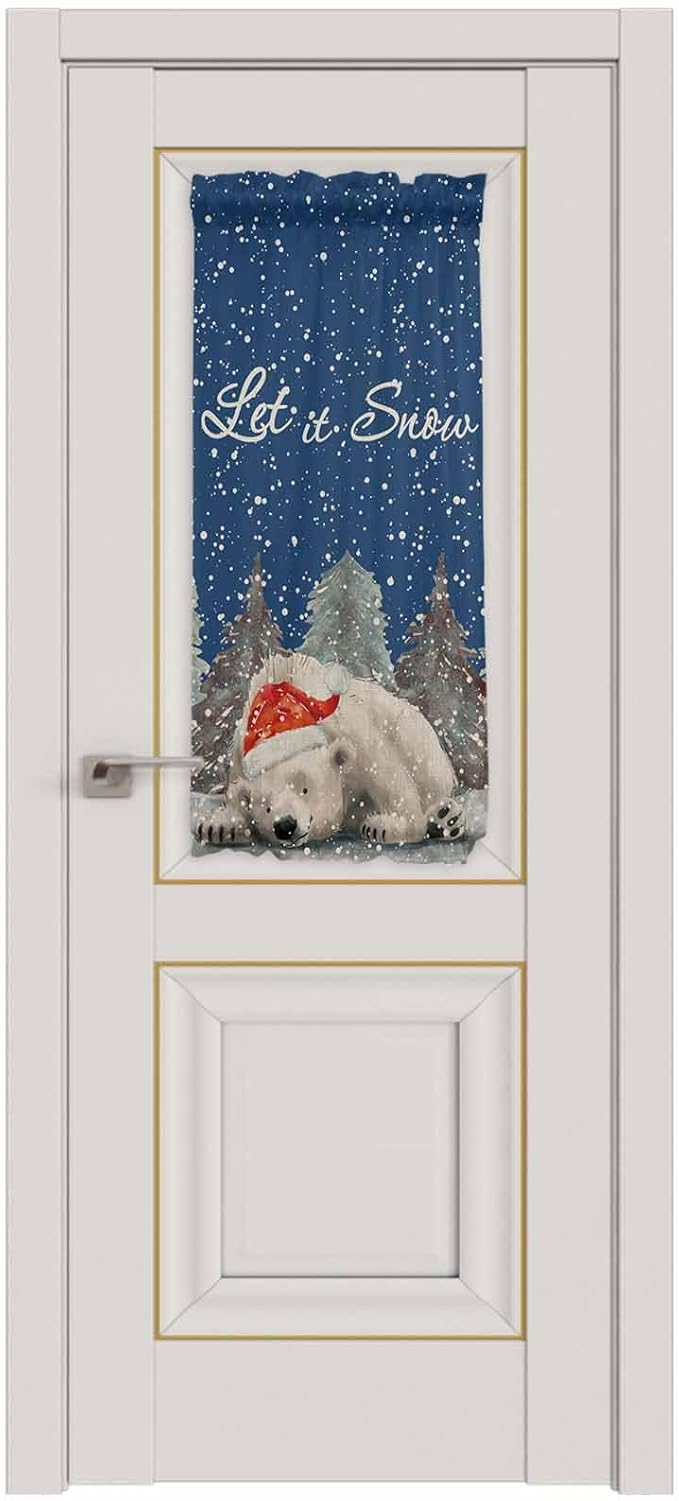 Christmas French Door Curtain Panel for Front Door, Hand Drawn Trees Winter Christmas Bear Slidelight Door Curtains with Tieback Light Filtering Privacy Panels for Doorway Entryway 25"x 40"