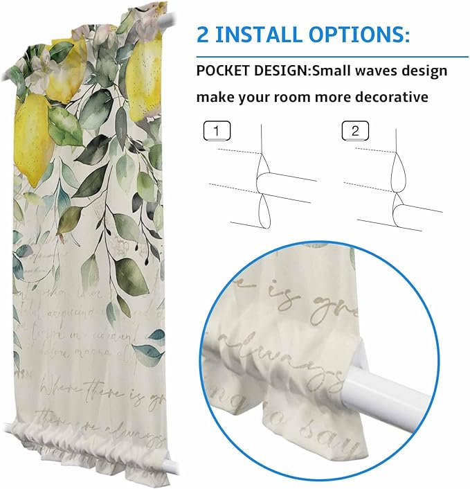 French Door Curtain Panel for Front Door, Vintage Lemon Botanical Plant Eucalyptus Leaves Sage Green Slidelight Door Curtains with Tieback Light Filtering Privacy Panels for Doorway Entryway 25"x 40"