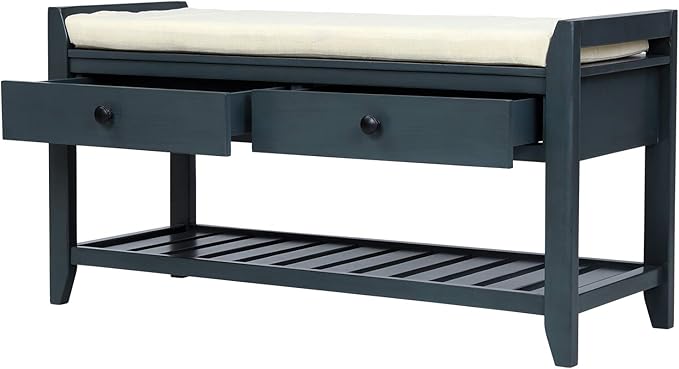 Knocbel Entry Storage Bench Shoes Rack with Cushioned Seat, 2 Drawers & Slatted Shelf, Living Room Entryway Hallway Foyer Shoe Bench Bedroom End of Bed Bench (Antique Navy)