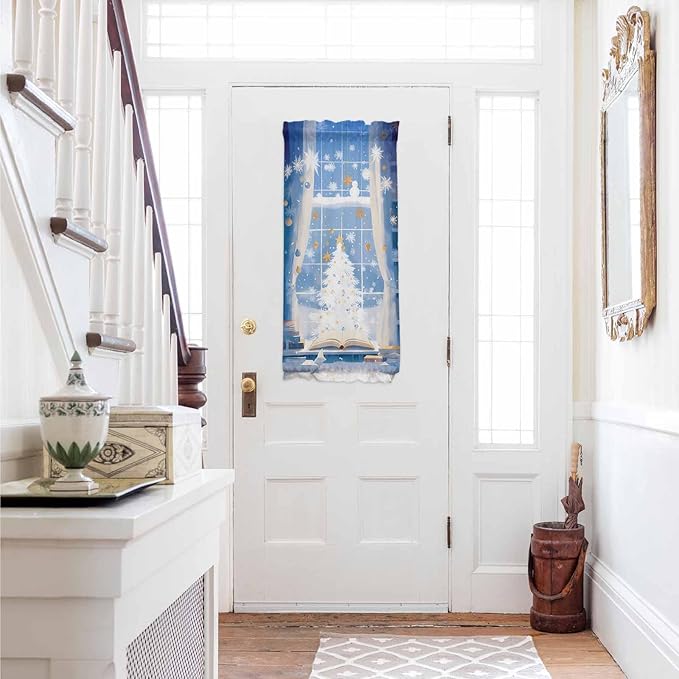 Christmas French Door Curtain Panel for Front Door, White Xmas Tree Blue Indoor Window View Slidelight Door Curtains with Tieback Light Filtering Privacy Panels for Doorway Entryway 25"x 40"