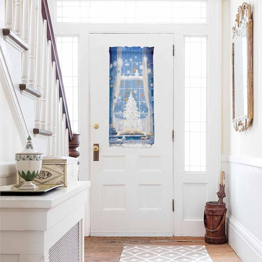Christmas French Door Curtain Panel for Front Door, White Xmas Tree Blue Indoor Window View Slidelight Door Curtains with Tieback Light Filtering Privacy Panels for Doorway Entryway 25"x 40"