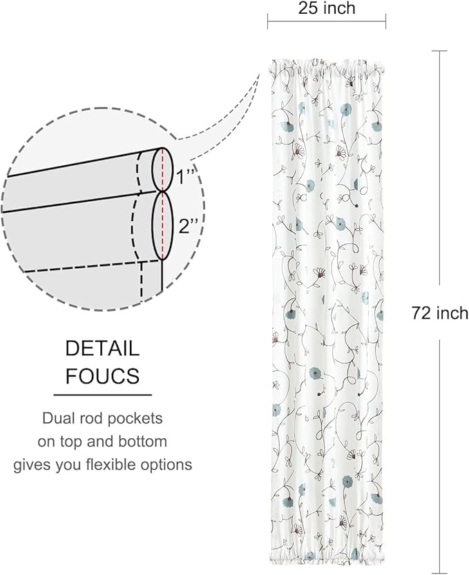 VOGOL Floral Door Curtains, Elegant Flowers Embroidered Light Filtering Drapes for French Door Glass Windows, Rod Pocket, 1 Panel 25 x 72 Inches, Blue in Off-White