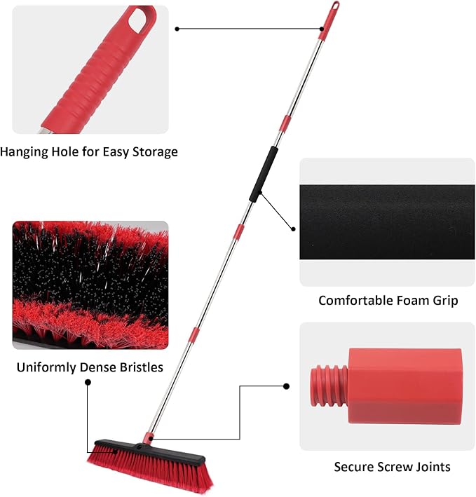 18” Push Broom with 70” Adjustable Handle - Heavy Duty Outdoor Broom for Shop, Garage, Driveway, Patio, Yard & Deck Cleaning