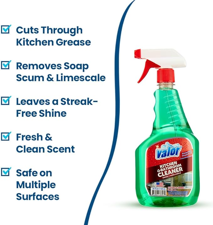 Valor Kitchen & Bathroom Cleaner Spray – Multi-Surface Degreaser & Limescale Cleaning Solution, Eco-Friendly Biodegradable Formula, (32 Fl Oz (Pack of 3))