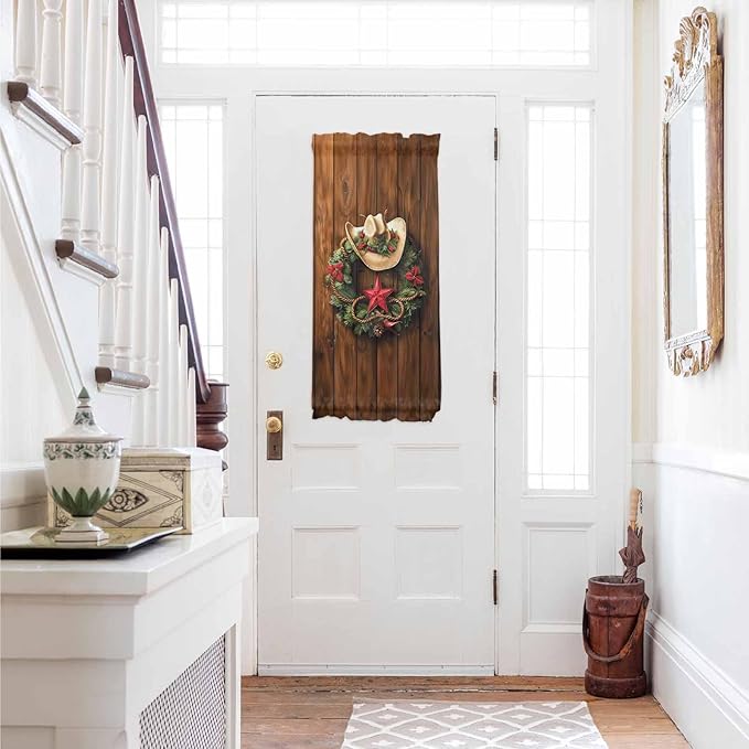 Christmas French Door Curtain Panel for Front Door, Dark Brown Wood Texture Christmas Wreath Cowboy Hat Slidelight Door Curtains with Tieback Light Filtering Privacy Panels for Entryway 25"x 40"