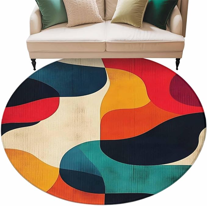 Abstract Art Round Rug 5 Ft, Impressionist Red Blue Color Block Circle Area Rugs Washable Non Slip Indoor Floor Mats Carpet for Living Room Bedroom Dining Room Home Decor