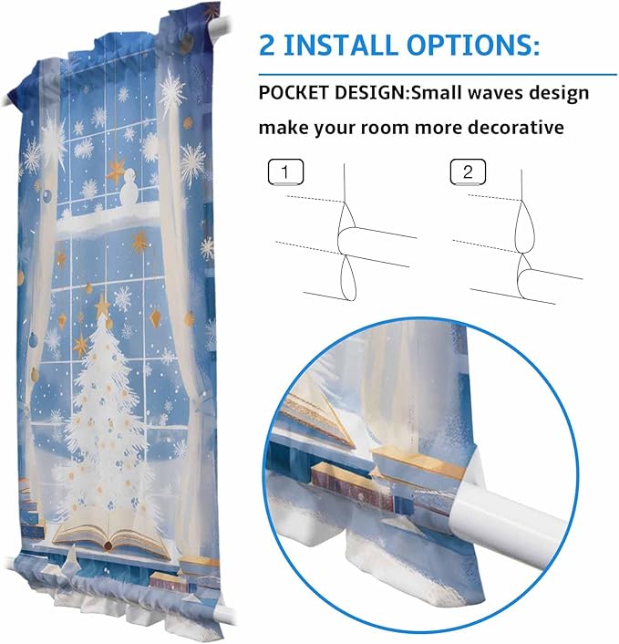 Christmas French Door Curtain Panel for Front Door, White Xmas Tree Blue Indoor Window View Slidelight Door Curtains with Tieback Light Filtering Privacy Panels for Doorway Entryway 25"x 40"