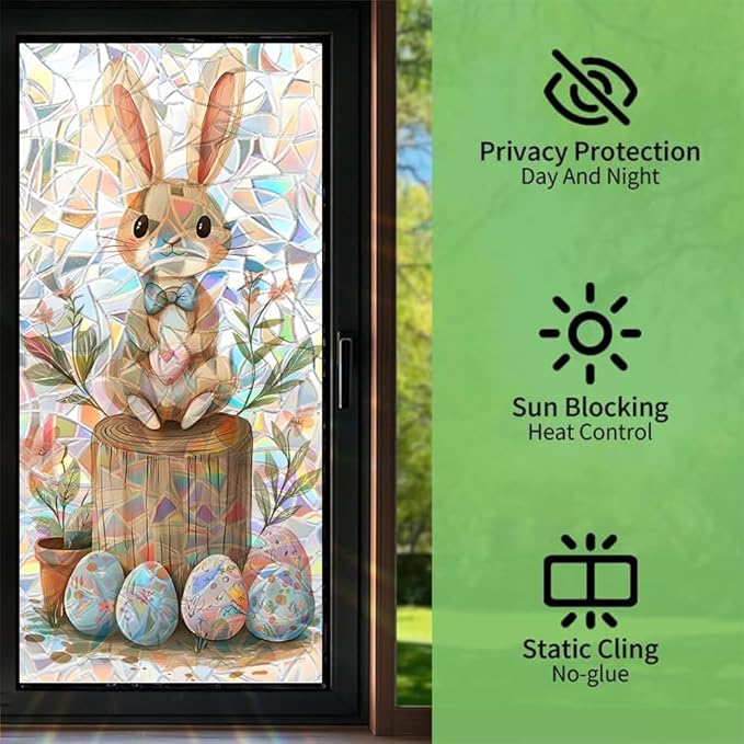 Window Film 17.3 x 39.4 Inch Easter Bunny and Painted Egg Design PVC Decorative Privacy Window Covering for Seasonal Home Styling Spring Glass Surface Decor