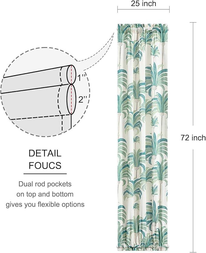VOGOL Front Door Panel Curtains, Tropical Green Leaves Printed Rod Pocket French Door Curtains, 72 Inches Long Patio Door Curtain for Classroom Sliding Glass Door, 1 Piece