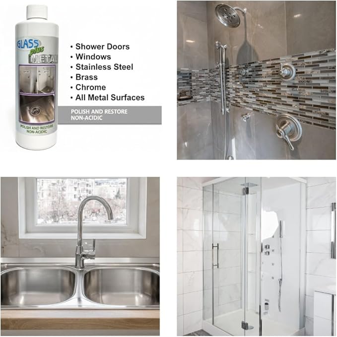 Glass Plus Metal - Polish and Restore | Safe Water Deposit & Stain Remover | Shower Glass, Stainless Steel Frames, Kitchen, Bath Fixtures, Windshield, Ceramic, Toilets | 16 oz