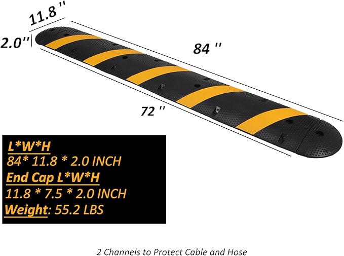 GarveeTech Heavy Duty Speed Bumps for Driveway, 84 in Rubber Speed Bumps, 2 Channel Modular Traffic Speed Bump Hump Cable Protector Ramps for Asphalt Concrete Gravel Driveway Road with 2 End Caps