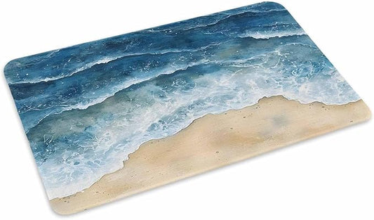 Abstract Waves Doormat Blue Ocean Spray Beach Watercolor Non Slip Low Profile Rubber Door Mat Washable Absorbent Indoor Front Door Mat Entryway Rug Entrance Carpet 18x30 Inch