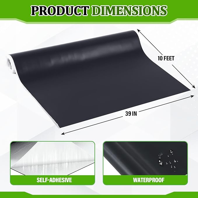 Pushglossy 1 Roll EPDM Rubber Roofing Membrane 39" x 10ft, Self-Adhesive Waterproof Underlayment, 47 Mil Reinforced Flat Roof Sheet, Ice and Water Sheet for RV, Shed, Garage and Patio