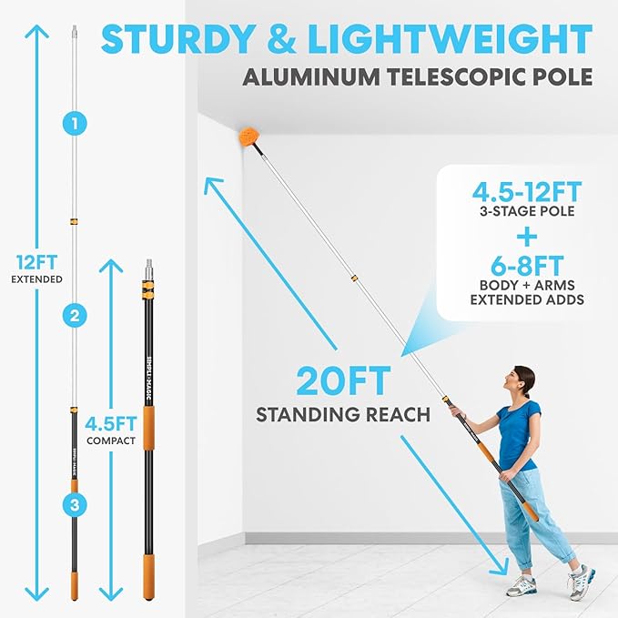 Simpli-Magic 20 Foot High Ceiling Duster Kits with 5-12ft Heavy Duty Extension Pole, High Reach Duster for Cleaning,Microfiber Feather Duster,Cobweb Duster,Ceiling Fan Duster,Window Squeegee & Cleaner