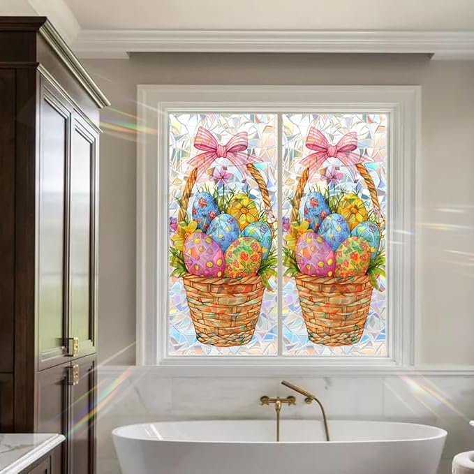Easter Window Privacy Film 39.4 x 17.3 Inch PVC Easter Egg Basket Window Crescent Texture Decorative Glass Covering with Sunlit Glossy Shine for Bathroom Kitchen Living Room Privacy Accent